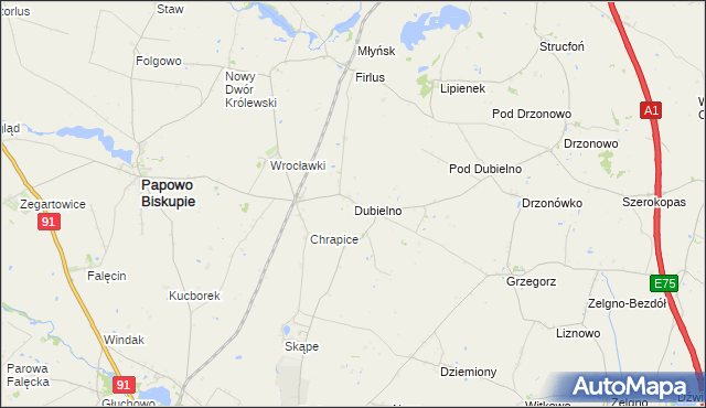 mapa Dubielno gmina Papowo Biskupie, Dubielno gmina Papowo Biskupie na mapie Targeo