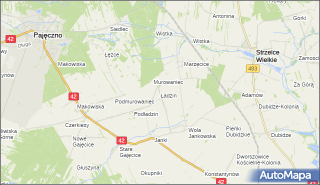 mapa Ładzin gmina Pajęczno, Ładzin gmina Pajęczno na mapie Targeo
