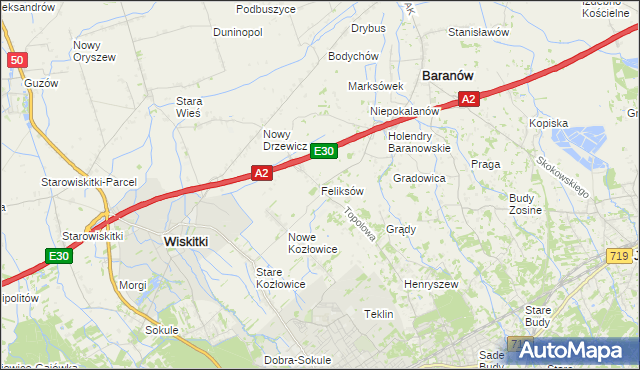 mapa Feliksów gmina Wiskitki, Feliksów gmina Wiskitki na mapie Targeo