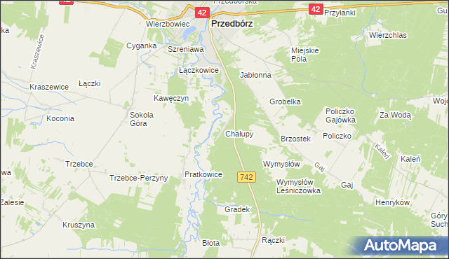 mapa Chałupy gmina Przedbórz, Chałupy gmina Przedbórz na mapie Targeo