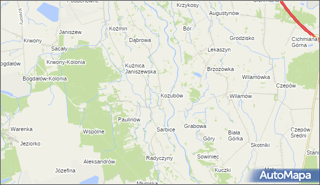 mapa Kozubów gmina Brudzew, Kozubów gmina Brudzew na mapie Targeo