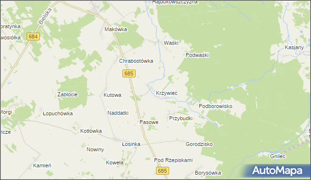 mapa Krzywiec gmina Narew, Krzywiec gmina Narew na mapie Targeo