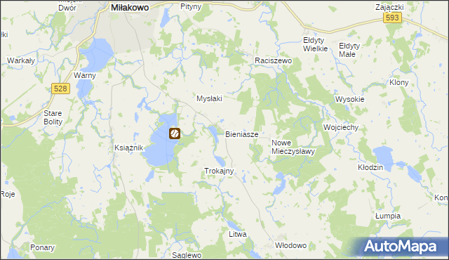 mapa Bieniasze gmina Miłakowo, Bieniasze gmina Miłakowo na mapie Targeo