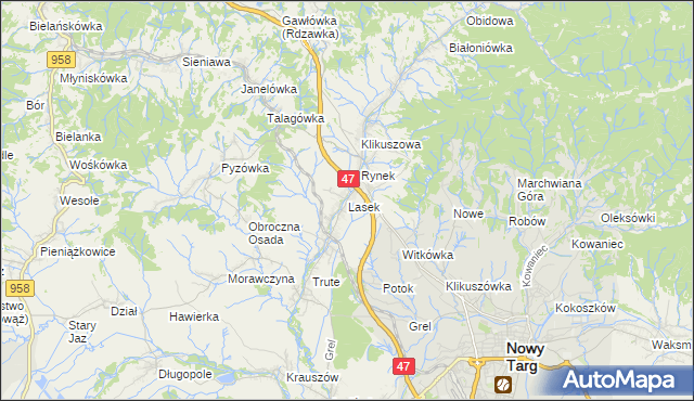 mapa Lasek gmina Nowy Targ, Lasek gmina Nowy Targ na mapie Targeo