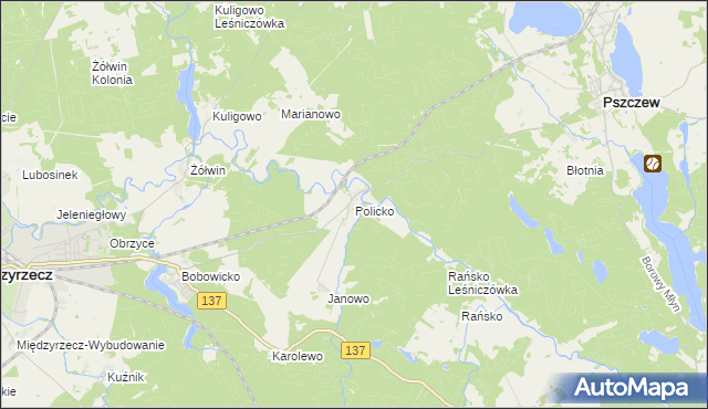 mapa Policko gmina Pszczew, Policko gmina Pszczew na mapie Targeo