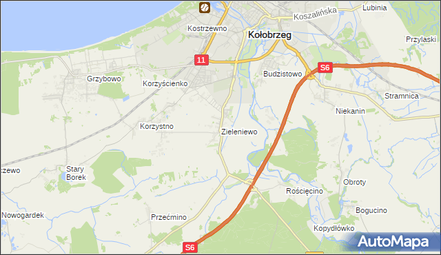 mapa Zieleniewo gmina Kołobrzeg, Zieleniewo gmina Kołobrzeg na mapie Targeo