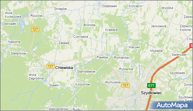 mapa Pawłów gmina Chlewiska, Pawłów gmina Chlewiska na mapie Targeo