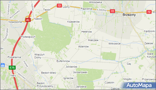 mapa Adamów gmina Brzeziny, Adamów gmina Brzeziny na mapie Targeo