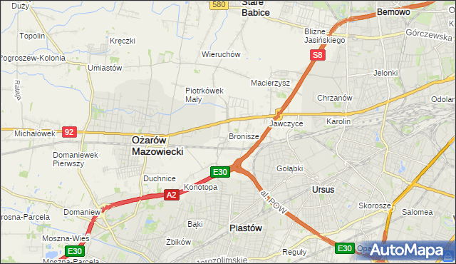 mapa Bronisze gmina Ożarów Mazowiecki, Bronisze gmina Ożarów Mazowiecki na mapie Targeo