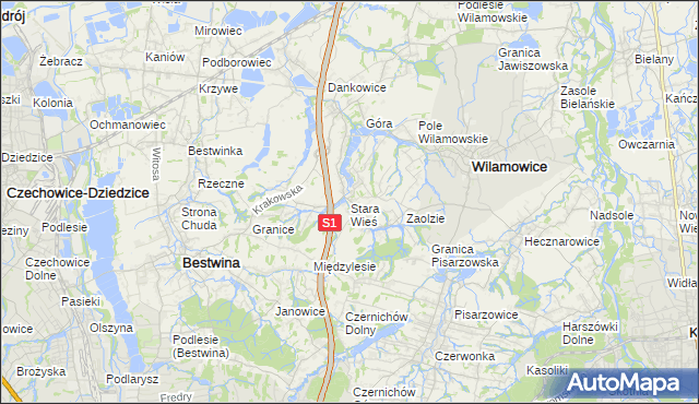 mapa Stara Wieś gmina Wilamowice, Stara Wieś gmina Wilamowice na mapie Targeo