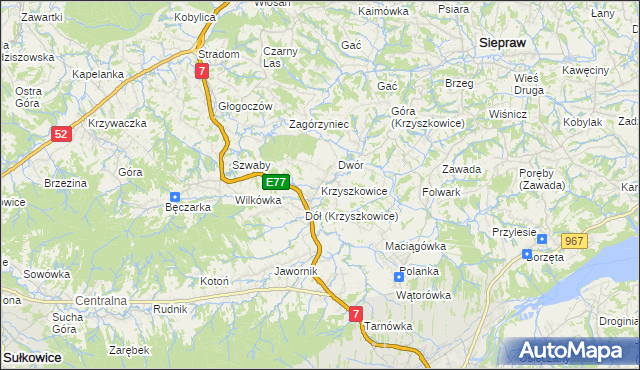 mapa Krzyszkowice gmina Myślenice, Krzyszkowice gmina Myślenice na mapie Targeo