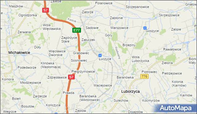 mapa Łuczyce gmina Kocmyrzów-Luborzyca, Łuczyce gmina Kocmyrzów-Luborzyca na mapie Targeo