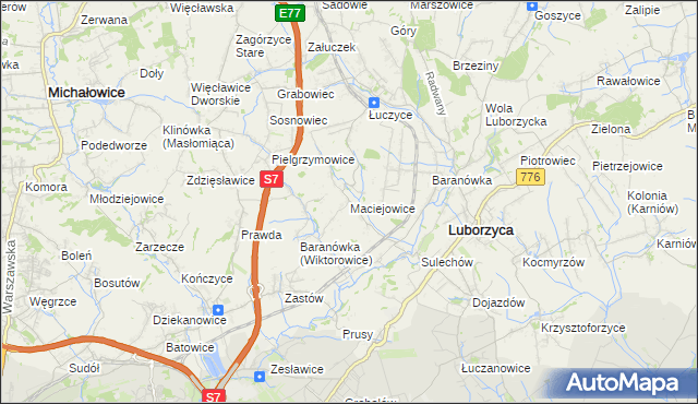 mapa Maciejowice gmina Kocmyrzów-Luborzyca, Maciejowice gmina Kocmyrzów-Luborzyca na mapie Targeo