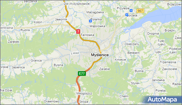 mapa Myślenice, Myślenice na mapie Targeo