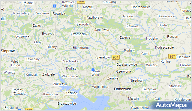 mapa Sieraków gmina Dobczyce, Sieraków gmina Dobczyce na mapie Targeo