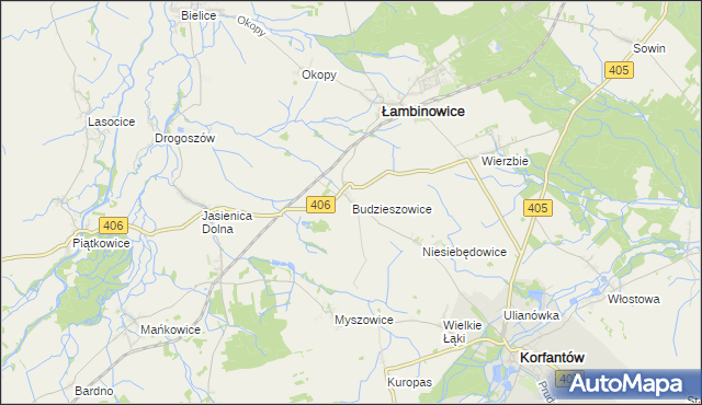 mapa Budzieszowice gmina Łambinowice, Budzieszowice gmina Łambinowice na mapie Targeo