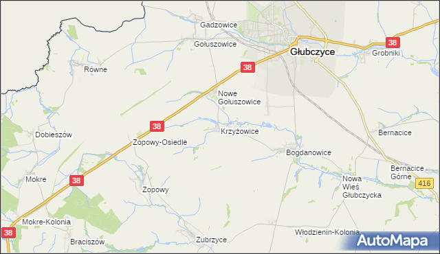 mapa Krzyżowice gmina Głubczyce, Krzyżowice gmina Głubczyce na mapie Targeo