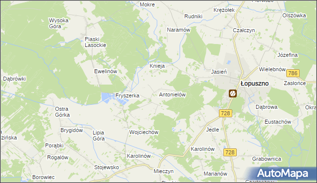 mapa Antonielów gmina Łopuszno, Antonielów gmina Łopuszno na mapie Targeo