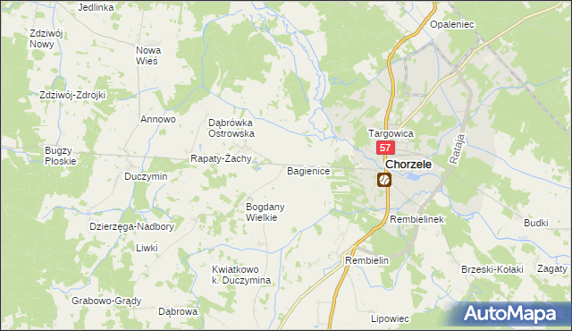 mapa Bagienice gmina Chorzele, Bagienice gmina Chorzele na mapie Targeo