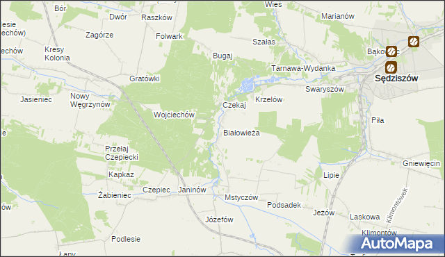 mapa Białowieża gmina Sędziszów, Białowieża gmina Sędziszów na mapie Targeo