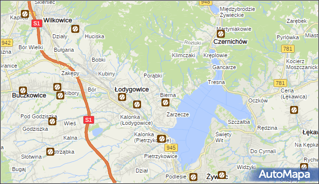 mapa Bierna gmina Łodygowice, Bierna gmina Łodygowice na mapie Targeo