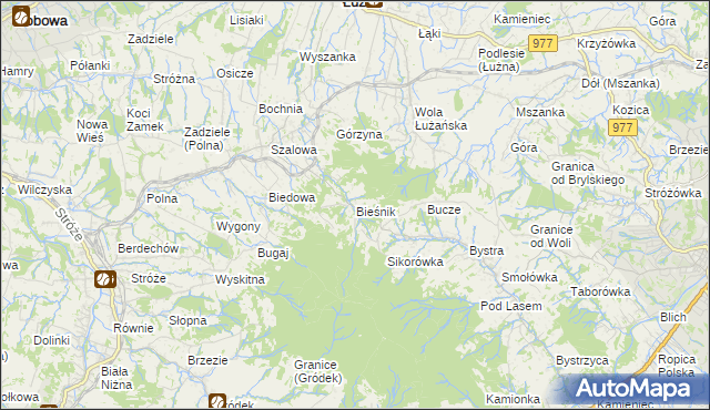 mapa Bieśnik gmina Łużna, Bieśnik gmina Łużna na mapie Targeo