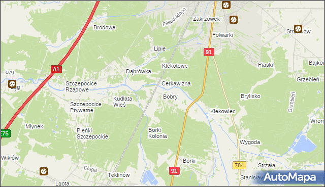 mapa Bobry gmina Radomsko, Bobry gmina Radomsko na mapie Targeo