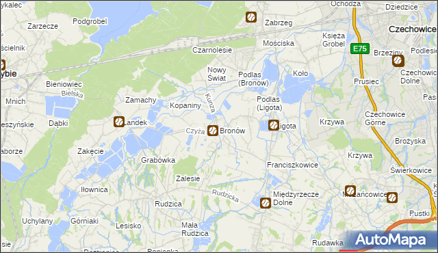 mapa Bronów gmina Czechowice-Dziedzice, Bronów gmina Czechowice-Dziedzice na mapie Targeo