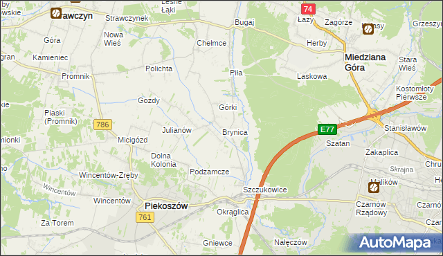 mapa Brynica gmina Piekoszów, Brynica gmina Piekoszów na mapie Targeo