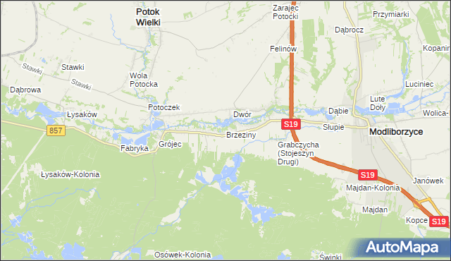 mapa Brzeziny gmina Modliborzyce, Brzeziny gmina Modliborzyce na mapie Targeo