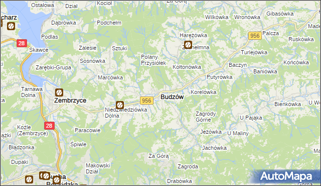 mapa Budzów powiat suski, Budzów powiat suski na mapie Targeo