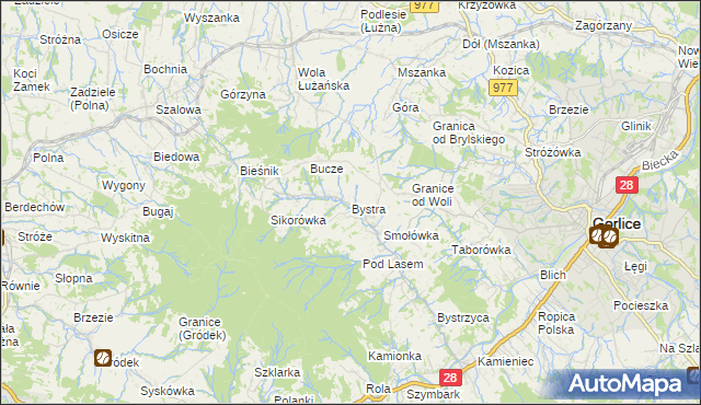 mapa Bystra gmina Gorlice, Bystra gmina Gorlice na mapie Targeo
