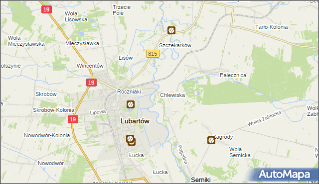 mapa Chlewiska gmina Lubartów, Chlewiska gmina Lubartów na mapie Targeo