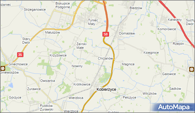 mapa Chrzanów gmina Kobierzyce, Chrzanów gmina Kobierzyce na mapie Targeo