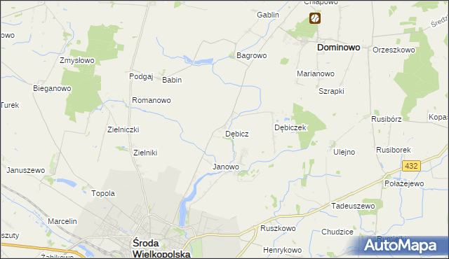 mapa Dębicz gmina Środa Wielkopolska, Dębicz gmina Środa Wielkopolska na mapie Targeo