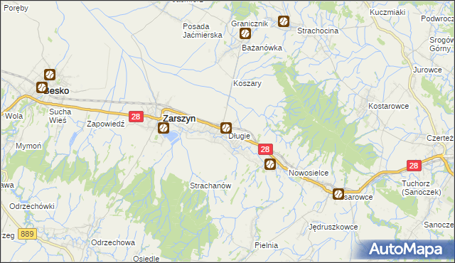 mapa Długie gmina Zarszyn, Długie gmina Zarszyn na mapie Targeo