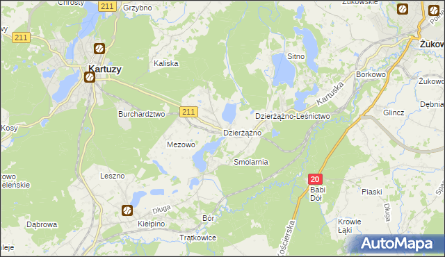 mapa Dzierżążno gmina Kartuzy, Dzierżążno gmina Kartuzy na mapie Targeo