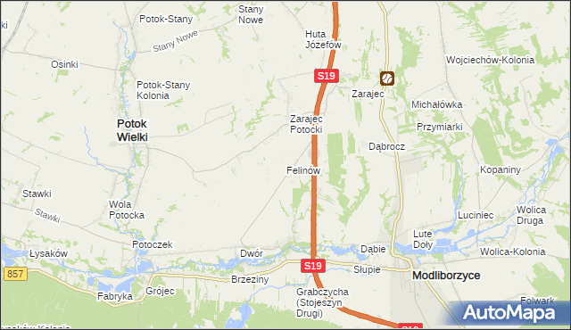mapa Felinów gmina Modliborzyce, Felinów gmina Modliborzyce na mapie Targeo