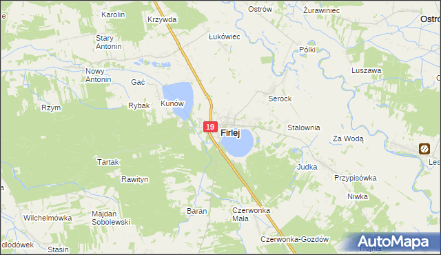 mapa Firlej powiat lubartowski, Firlej powiat lubartowski na mapie Targeo