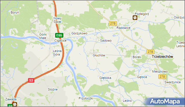 mapa Głuchów gmina Trzebiechów, Głuchów gmina Trzebiechów na mapie Targeo