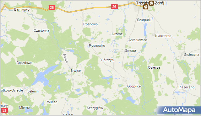 mapa Górczyn gmina Trzcińsko-Zdrój, Górczyn gmina Trzcińsko-Zdrój na mapie Targeo