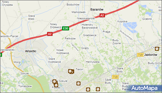 mapa Grądy gmina Jaktorów, Grądy gmina Jaktorów na mapie Targeo