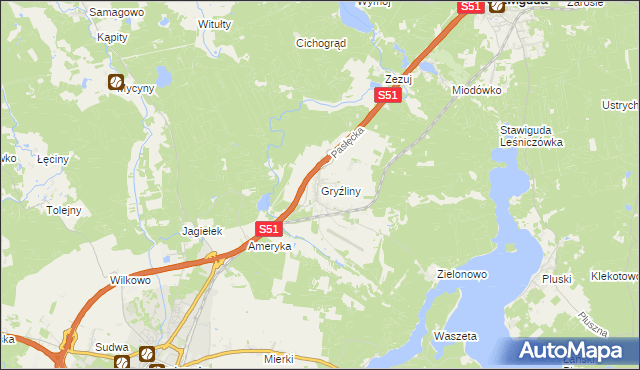 mapa Gryźliny gmina Stawiguda, Gryźliny gmina Stawiguda na mapie Targeo