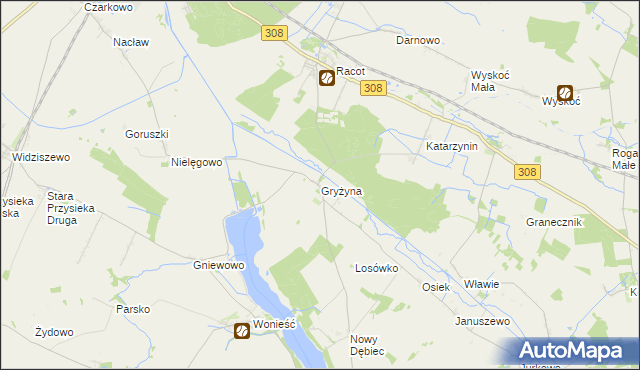 mapa Gryżyna gmina Kościan, Gryżyna gmina Kościan na mapie Targeo