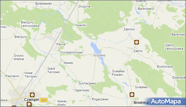 mapa Grzybno gmina Brodnica, Grzybno gmina Brodnica na mapie Targeo