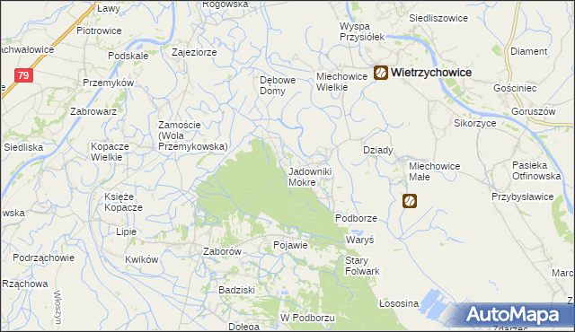 mapa Jadowniki Mokre gmina Wietrzychowice, Jadowniki Mokre gmina Wietrzychowice na mapie Targeo