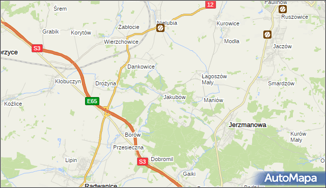 mapa Jakubów gmina Radwanice, Jakubów gmina Radwanice na mapie Targeo