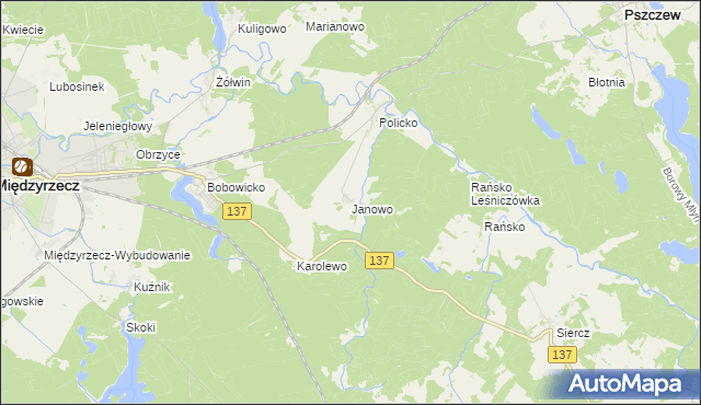 mapa Janowo gmina Pszczew, Janowo gmina Pszczew na mapie Targeo