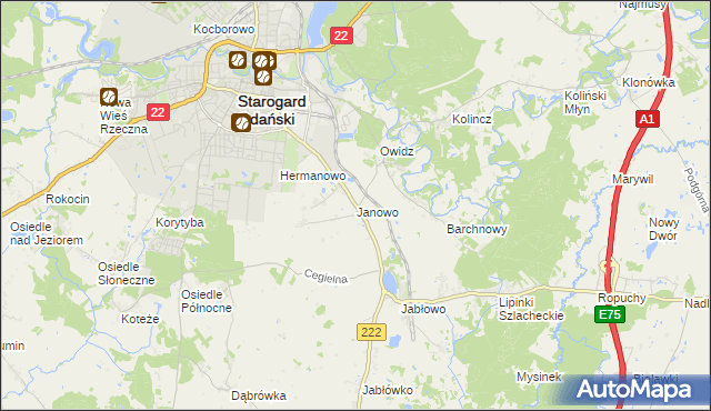 mapa Janowo gmina Starogard Gdański, Janowo gmina Starogard Gdański na mapie Targeo