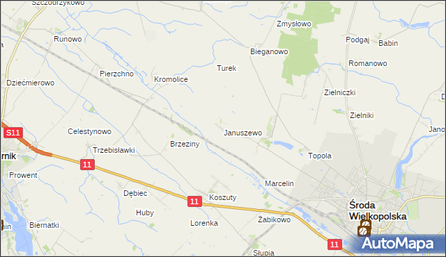 mapa Januszewo gmina Środa Wielkopolska, Januszewo gmina Środa Wielkopolska na mapie Targeo